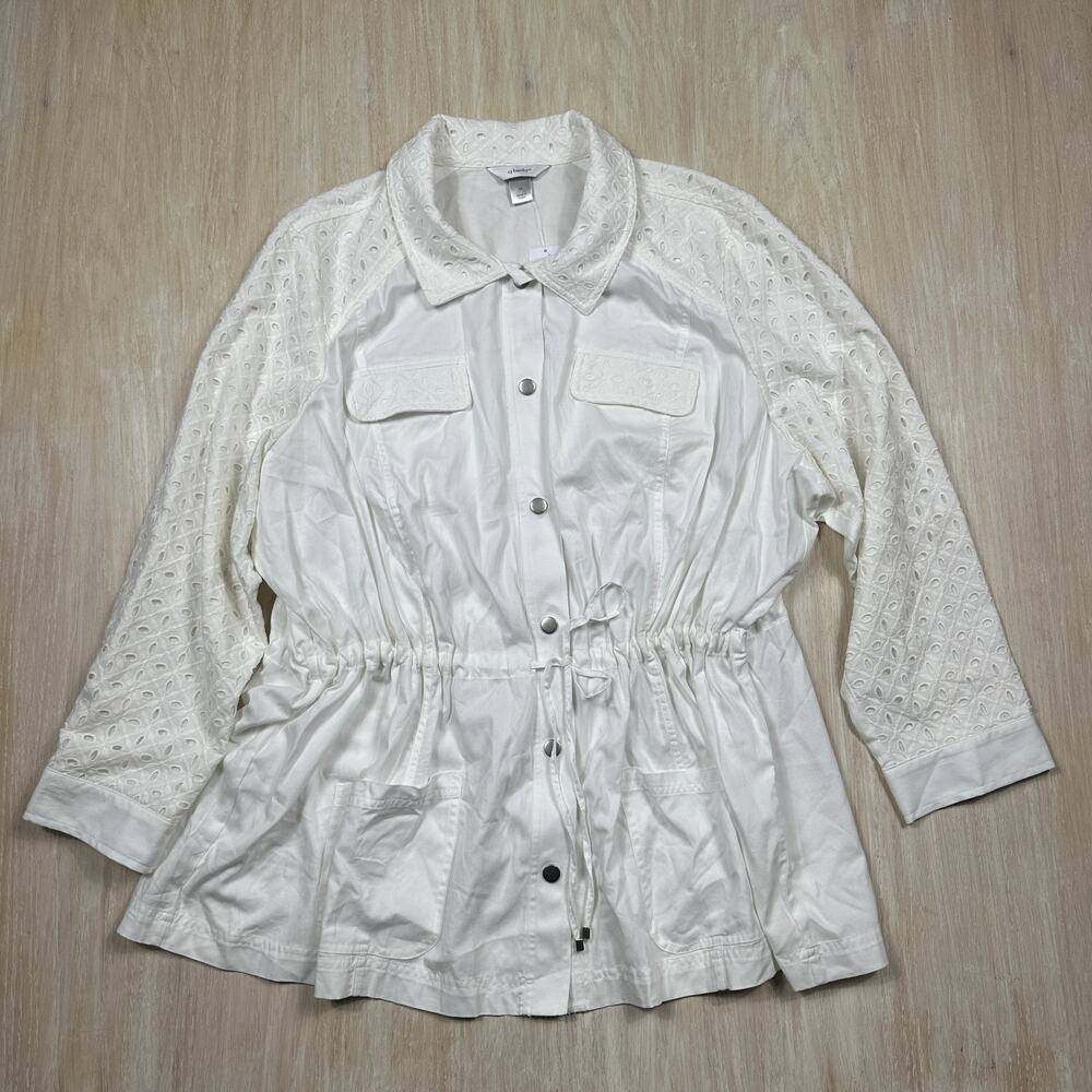 NWT CJ Banks White Eyelet Embroidered Button Front Utility Jacket Drawstring 3X
